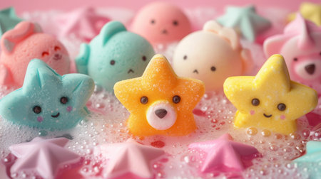 Playful and colorful collection of children's bath bombs shaped like cute animals and stars, floating in water with bubbles. Concept of fun, kids hygiene, bath time, and cheerful bath products.の写真素材