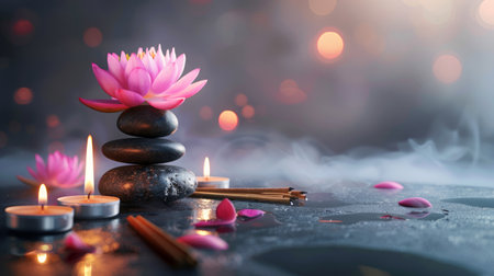 Lotus flower and massage stones with candles creating a tranquil spa scene. Serene setting with flower and warm candlelight. Concept of relaxation, meditation, and spa therapy. Banner. Copy spaceの写真素材