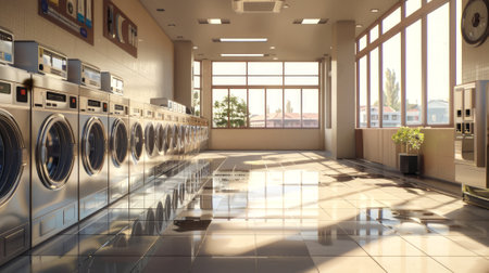 Contemporary commercial laundry with a series of advanced washing machines and bright interiors. Industrial laundry setup. Concept of large-scale operations, cleanliness, and functional design.の写真素材
