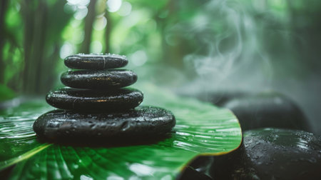 Black stones in equilibrium on a broad leaf, background of tranquil water. Concept of peacefulness,...