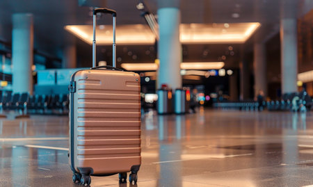 Suitcase in modern airport terminal. Travel luggage, journey preparation, vacation, transportation...