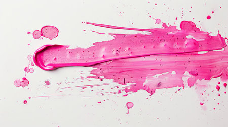 Pink watercolor brush stroke with splashes. Vivid color, abstract paint splash, texture, dynamic...