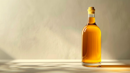 Glass bottle with cork filled with amber liquid on a light background. Beverage container, alcohol, spirits, bottle craftsmanship concept. Mockup. Copy space.の写真素材