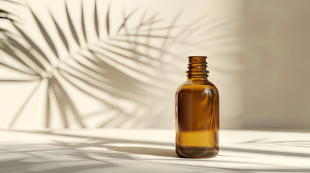 Amber glass bottle with tropical leaves shadow on white background. Minimalist packaging, natural skincare container, eco-friendly beauty, botanical concept. Mockup. Copy space.の写真素材