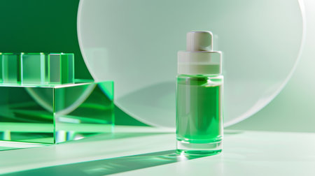 Transparent cosmetic serum bottle on green glass background. Skincare, beauty product, glass design, modern packaging concept. Mockup. Copy space.の写真素材