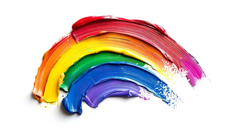 Vibrant abstract paintbrush strokes in various colors. Colorful painting, creative art, artistic expression, texture, design concept. Paint stains isolated on white background.の写真素材