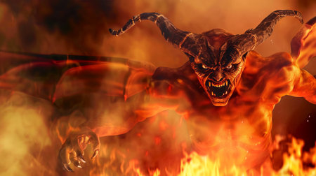 Demonic creature with large horns and fiery background. Mythical monster. Fantasy, horror, hell,...
