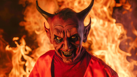 Male devilish figure with red skin and horns surrounded by flames. Evil, Halloween, dangerous, horror concept.の写真素材