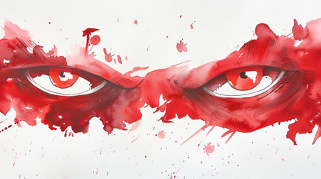 Fierce male red eyes isolated on white background. Demonic eyes. Concept of Halloween, Day of the dead, Dia de los muertos, horror, evil spirits, supernatural beings, demon, devil. Watercolor.の写真素材