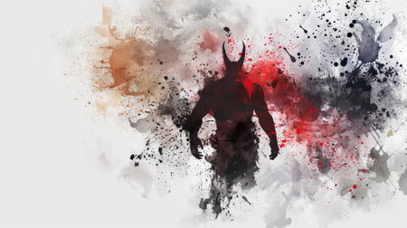Abstract watercolor art of a horned figure with dark colors on splattered background. Mysterious...