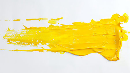 Vibrant yellow paint splash. Creative concept art. Abstract color design, modern artistic expression. Texture. Paint stain isolated on white background.の写真素材