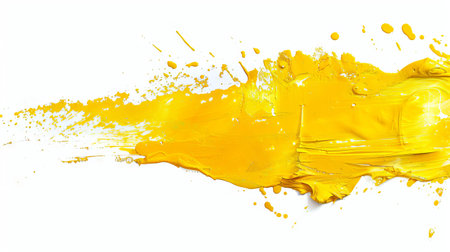 Vibrant yellow paint splash. Creative concept art. Abstract color design, modern artistic expression. Texture. Paint stain isolated on white background.の写真素材