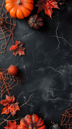 Orange pumpkins and fall leaves on dark background with spider webs. Concept of Halloween, autumn decoration, spooky design, seasonal theme. Copy space. Vertical.の写真素材