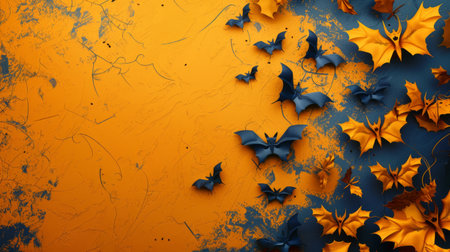 Paper cut bats and autumn leaves on colorful background. Halloween theme. Concept of holiday decor, seasonal design, festive atmosphere, creative artwork. Banner. Copy spaceの写真素材