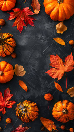 Autumn pumpkins and leaves on dark textured background. Fall gourds and foliage arranged on a black...
