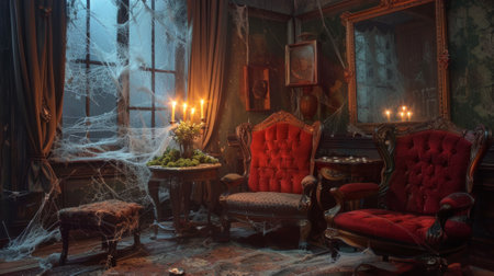 Spooky Victorian-style living room with cobwebs and red velvet furniture. Haunted house interior. Concept of Halloween, horror, vintage decor, eerie atmosphere.の写真素材