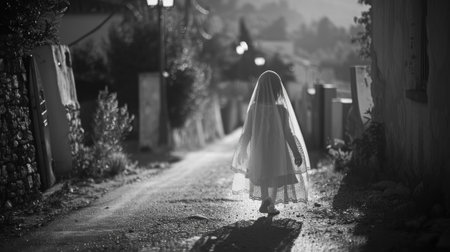 Black and white photo of a child in a white veil walking down a village street. Girl in a ghost costume for Halloween. Concept of childhood, mystery, solitude, tranquility, celebration.の写真素材