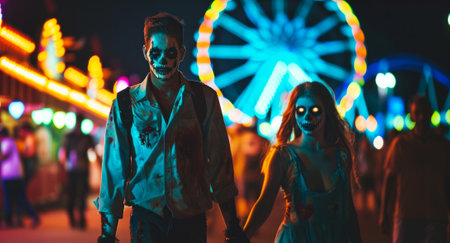 Creepy couple at night carnival with neon lights. Dark theme, spooky costumes, eerie atmosphere, night festival, Halloween, Day of the dead concept.の写真素材