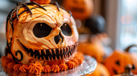 Scary Halloween cake with skull design and orange decorations. Concept of spooky celebration, decorative baking, festive desserts, October holiday theme.の写真素材
