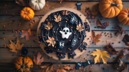 Halloween cake with ghost and autumn leaf decorations on a wooden table. Concept of Halloween celebration, festive desserts, spooky decorations, seasonal design.の写真素材