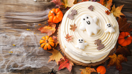 Halloween cake with ghost decorations and autumn leaves on a rustic wooden table. Seasonal dessert. Concept of Halloween, festive baking, autumn celebration, spooky fun.の写真素材