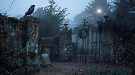 Foggy graveyard with an iron gate and a crow perched on a pillar. Eerie cemetery scene with gravestones. Spooky atmosphere, Halloween night, gothic setting concept.の写真素材