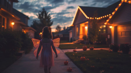 Young girl in a fairy costume on a decorated street during Halloween. Child dressed as fairy. Concept of holiday, costumes, childhood joy, festive neighborhood.の写真素材