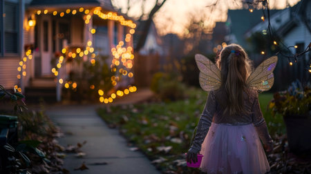 Young girl in a fairy costume on a decorated street during Halloween. Child dressed as fairy. Concept of holiday, costumes, childhood joy, festive neighborhood.の写真素材