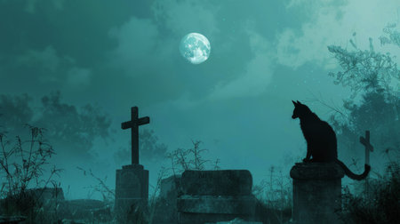 Black cat in a graveyard under the full moon at night. Concept of spooky, mystery, Halloween, eerie ambiance.の写真素材