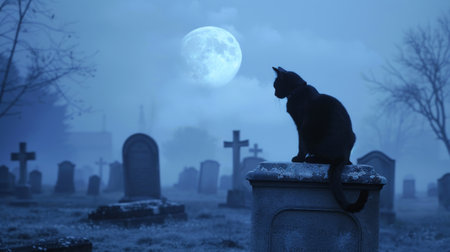 Black cat in a graveyard under the full moon at night. Concept of spooky, mystery, Halloween, eerie ambiance.の写真素材