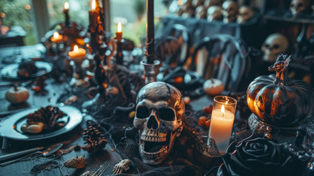 Halloween table setting with skull decor and candles. Dark spooky atmosphere. Concept of Halloween, horror, spooky decor, candlelit ambiance.の写真素材