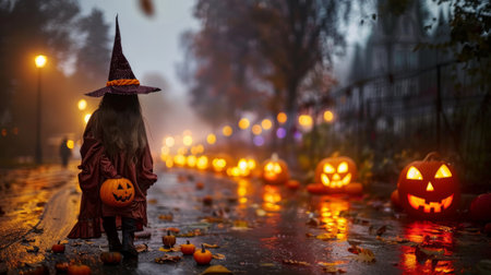 Little girl in a witch costume standing on a spooky street with jack-o-lanterns. Halloween night, child in black dress, autumn season, festive decoration, spooky atmosphere concept.の写真素材
