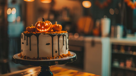 Halloween cake with carved pumpkin decor on top. Festive dessert in a kitchen. Concept of festive baking, Halloween dessert, carved pumpkin decoration, culinary arts.の写真素材
