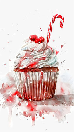 Watercolor art of a Christmas cupcake with candy cane. Festive dessert illustration. Concept of holidays, food art, celebration, winter treat. Vertical.の写真素材