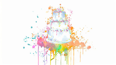 Colorful watercolor art of a three-tiered cake with vibrant splashes. Concept of celebration, dessert, artistic design, party.の写真素材