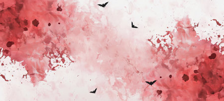 Red watercolor background with black bats. Abstract splash painting. Concept of Halloween, spooky design, artistic background. Banner. Copy space.の写真素材