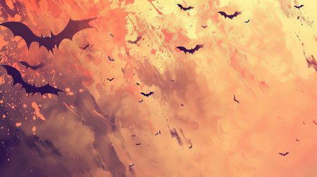Abstract digital art of black bats flying against an orange and yellow sky. Concept of Halloween, spooky atmosphere, dark creatures, autumn colors. Banner. Copy space.の写真素材