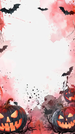 Halloween watercolor art with pumpkins, bats, and spooky background. Concept of Halloween celebration, spooky decorations, artistic Halloween theme, festive design.. Copy space. Vertical.の写真素材