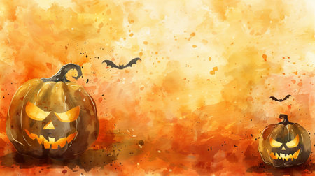 Halloween pumpkin faces with glowing eyes and bats on a watercolor background. Spooky jack-o-lanterns. Concept of Halloween, spooky decor, autumn, festive design. Banner. Copy space.の写真素材