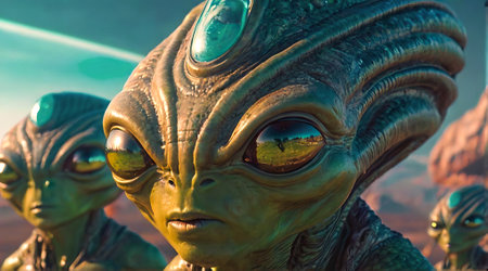 Two Green aliens in a rocky, mountainous landscape. Pair of extraterrestrials in an alien terrain. Concept of science fiction, extraterrestrial life, otherworldly beings, fantasy landscapeの写真素材