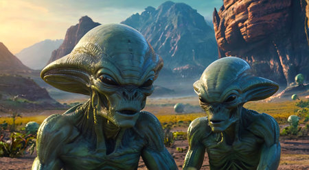 Green aliens in a rocky, mountainous landscape. Pair of extraterrestrials in an alien terrain. Concept of science fiction, extraterrestrial life, otherworldly beings, fantasy landscapeの写真素材