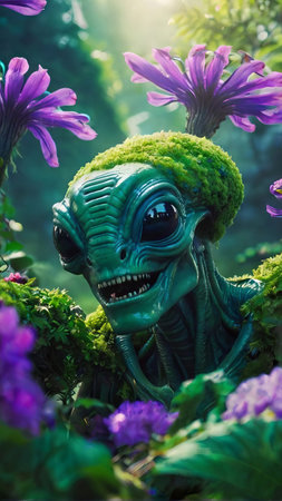 Green alien among purple flowers in lush landscape in Futuristic alien terrain. Fantasy world. Concept of extraterrestrial nature, alien life, sci-fi, whimsical world. Verticalの写真素材