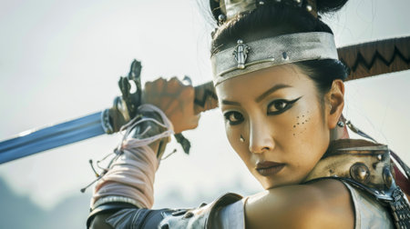 Asian female warrior with eye makeup and sword ready for battle. Strong woman fighter. Concept of strength, combat readiness, determination, courage.の写真素材