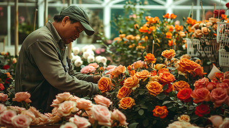 Asian man arranging orange roses in a flower shop greenhouse Florist working with flowers Concept of gardening, flower arrangement, and small business.の写真素材