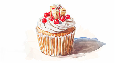 Watercolor cupcake with whipped cream and sweet gift boxes. Isolated on white. Delicious sweet treat. Concept of pastry, baking, confectionery, dessert.の写真素材