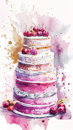 Watercolor wedding cake with cherries and pink icing. Concept of celebration, desserts, baking, and...