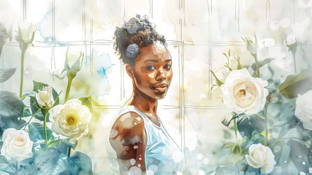 African American woman surrounded by white roses in a greenhouse. Concept of nature, beauty, elegance, serenity.の写真素材