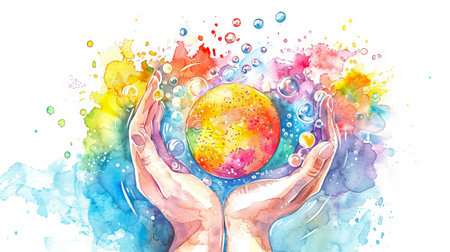 Hands holding colorful objects over water, creating bubbles and sparkles. Close-up of spa essentials in a relaxing setting. Concept of spa day, self-care, and relaxation. Watercolorの写真素材