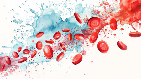 Watercolor illustration of red blood cells in a vibrant aquarelle backdrop. Close-up of erythrocytes in circulation. Concept of medical visualization, hematology, and cellular biology. Banner.の写真素材