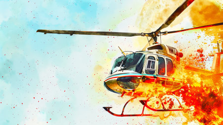 Helicopter in fire. Copter in a vibrant watercolor explosion background. Concept of speed, flight, transportation, aviation, emergencyの写真素材